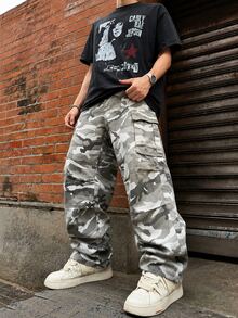 American Fashion Versatile Retro White & Grey Camo Denim Jeans With Large Pockets Straight Leg Cargo Pants Cool Vibe Casual Pants - Light Grey - View 4