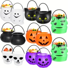 Gift For Her/Him 14pcs Mini Halloween Decor Buckets, Plastic Halloween Trick Or Treat Buckets With Scary Colorful Pumpkin, Bat And Skull Patterns, White, Black, Green, Purple, Durable Desktop Decorations, Assorted Styles - Ornaments - View 5
