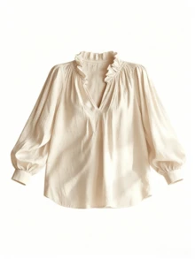 European & American Spring/Autumn Women's New V-Neck Ruffle Puff Long Sleeve Loose Casual Blouse Top - Apricot - View 7