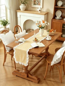 1/20PCS French Style Plaid Vintage Ruffle Edge Table Runner, Suitable For Living Room, Dining Room, Holiday Party, Family Gathering, Wedding Banquet, Birthday Table Decoration, Washable - Yellow - View 1