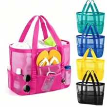 1pc Large Capacity Mesh Design Beach Bag, Suitable For Swimming Pool And Travel. Multi-Pocket Design For Easy Organization. Essential Beach Bag For Family Vacation - Multicolor - View 1