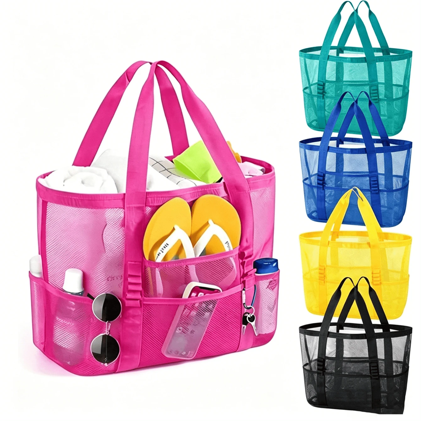1pc Large Capacity Mesh Design Beach Bag, Suitable For Swimming Pool And Travel. Multi-Pocket Design For Easy Organization. Essential Beach Bag For Family Vacation - Multicolor - View 1