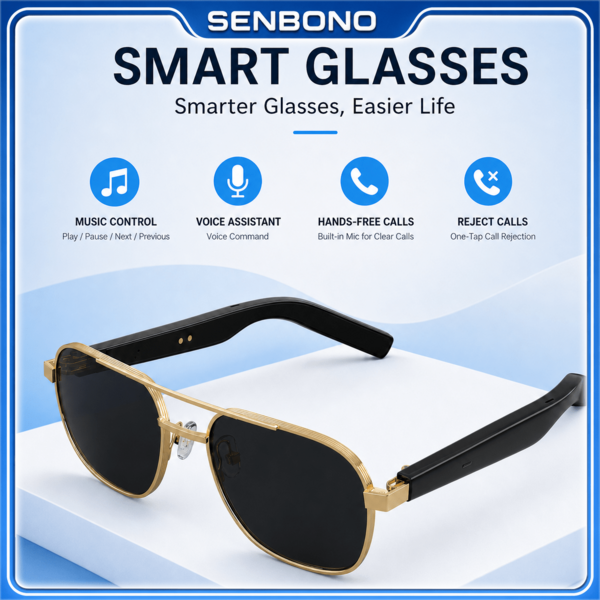 Lunettes intelligentes SENBONO pour hommes et femmes avec appel sans fil, réveil vocal, lecture de musique - Cadeau parfait pour hommes & femmes
