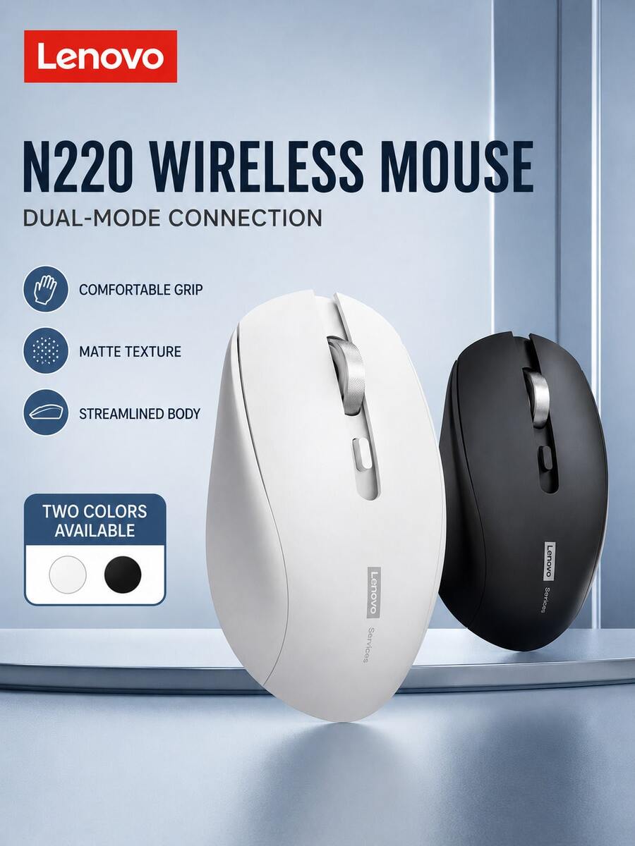 Lenovo N220 無線藍牙滑鼠 雙模連接 辦公滑鼠 低噪音靜音按鍵 250Hz快速響應 人體工學舒適握感 適用於 Windows PC 筆記型電腦 - 黑色 - 查看 1
