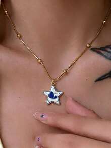 1pc Stainless Steel Chain Star Pendant Necklace LOVE Letter Oil Drop Exquisite Pendant Necklace Women's Fashion Jewelry Versatile Accessory - Multicolor - View 5