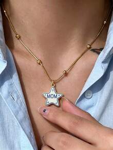 1pc Stainless Steel Chain Star Pendant Necklace LOVE Letter Oil Drop Exquisite Pendant Necklace Women's Fashion Jewelry Versatile Accessory - Multicolor - View 6