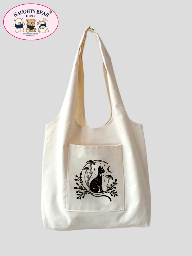 Bolso de lona con estampado de línea de hongo minimalista y elegante - Beis - Añade 5