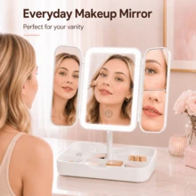 LED 3-Fold Makeup Mirror, 2X/3X Real Magnification, 3 Lighting Modes, Foldable Storage, Rotating Vanity Mirror With Storage Base, Touch Control, USB Rechargeable, Suitable For Makeup/Office/Bedroom - Multicolor - View 7