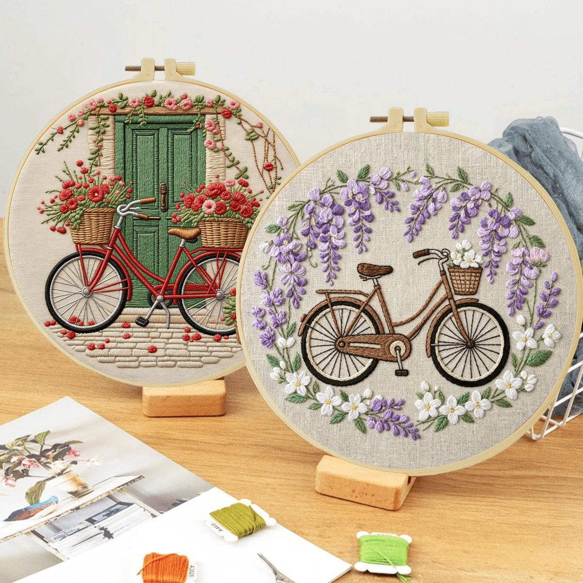 1套手工DIY刺繡套件，20x20cm/7.9x7.9英吋，花卉單車圖案，包含刺繡布料、說明書、刺繡框、針線，適合作為送給朋友或家人的節日禮物，居家與辦公室手工藝術
