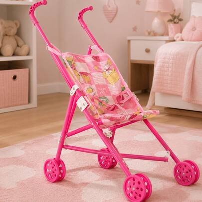 Carrinho De Boneca Dobrável Menina Brinquedo Infantil Criança Presente Rosa Mamãe e Bebe