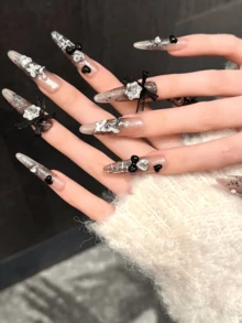 10 piezas de uñas postizas de stiletto hechas a mano, para vacaciones de verano, temporada de graduación, Copa del Mundo, primavera y verano, adecuadas para niñas y mujeres en festivales, fiestas, festivales de música y uso diario, regalo para el Día de San Valentín y el Día de la Madre. - Negro - Ver 3