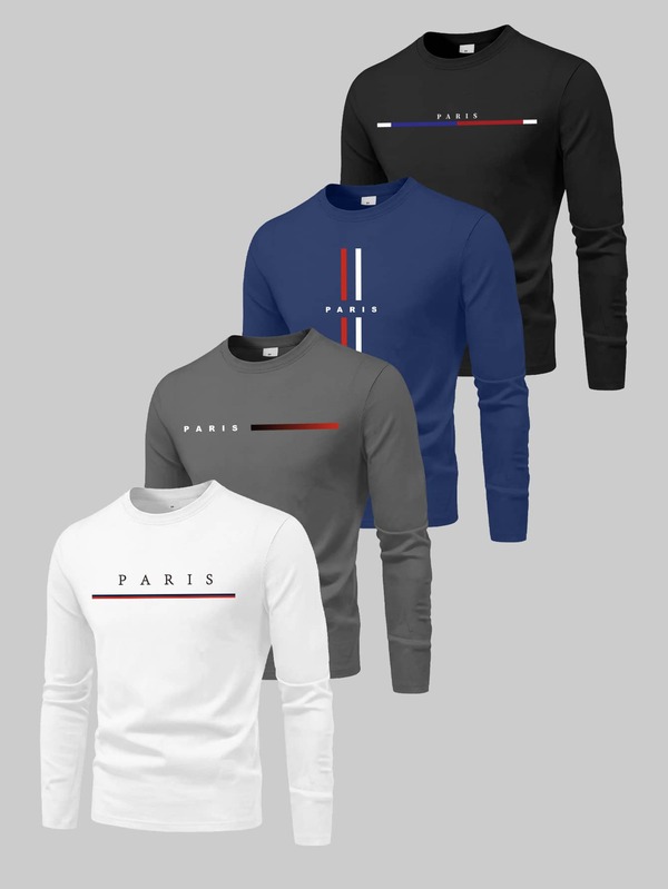 Purechapter 4pcs/Set Kaos Lengan Panjang Kerah Bulat Modis untuk Anak Laki-Laki Remaja, Cocok untuk Pakaian Kasual, Aktivitas Luar Ruangan, dan Pakaian Sehari-hari di Musim Semi/Gugur