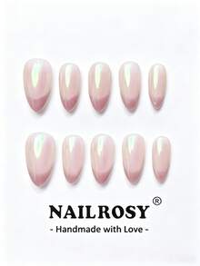 nailrosy 10片裝手工穿戴甲 全套 法式漸層杏仁形 粉色漸變白色指尖 光澤亮面 - 粉色 - 查看 10