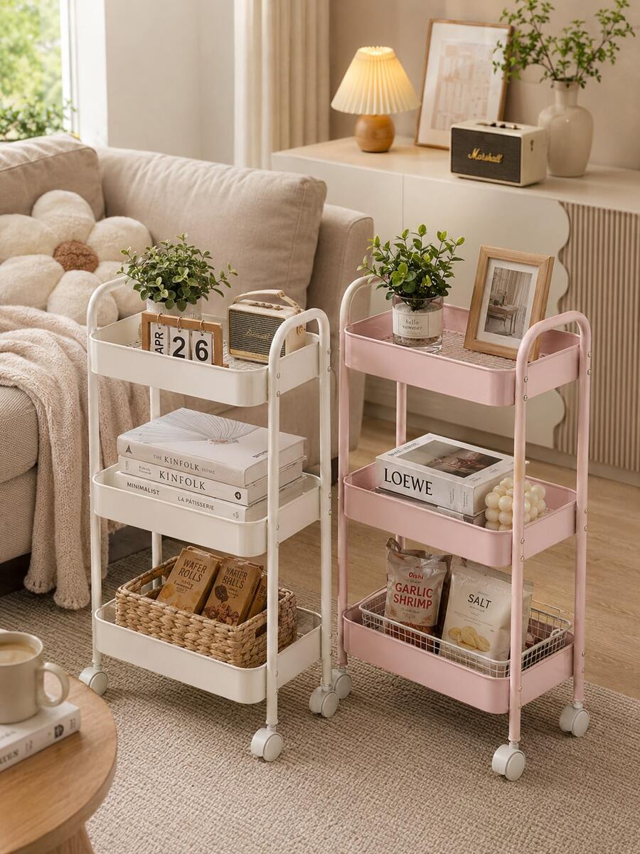 1pc 3-Tier Metal Rolling Storage Cart, Multi-Functional Mobile Utility Trolley With Wheels And Handle, Large Capacity Storage Rack, Suitable For Kitchen, Bathroom, Living Room, Bedroom And Office