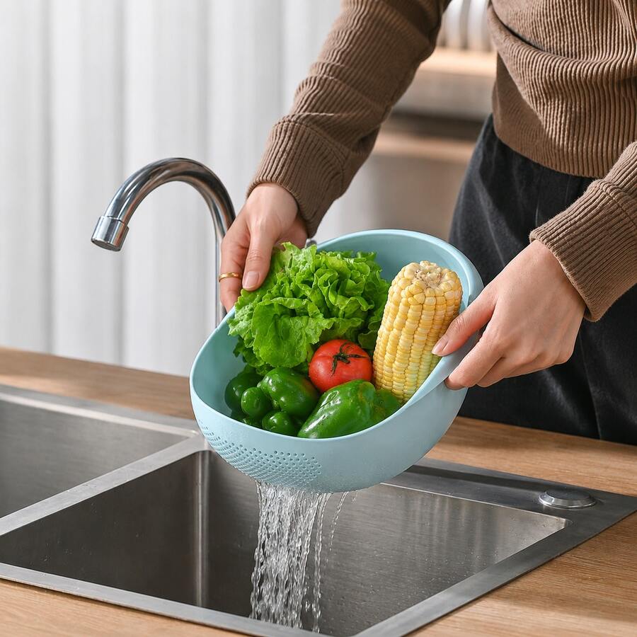 Vegetable Washing & Draining Basket, Creative Plastic Handle Strainer, Practical Multi-Functional Kitchen Tool. Product Features: Large Capacity Streamlined Design, Fast Draining & Storage - Multicolor - View 1