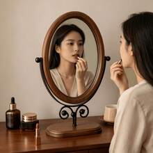 1pc Vintage Wooden Makeup Mirror, Bedroom Tabletop Mirror, Chinese Style Standing Rotatable Vanity Mirror For Home - Multicolor - View 6