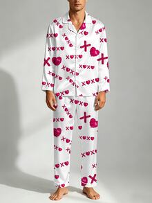 2pcs Men's Pajama Set, Satin Silk Heart Print Button Long Sleeve Top And Pants Lounge Wear Set, Autumn/Winter, Perfect Gift - Multicolor - View 1