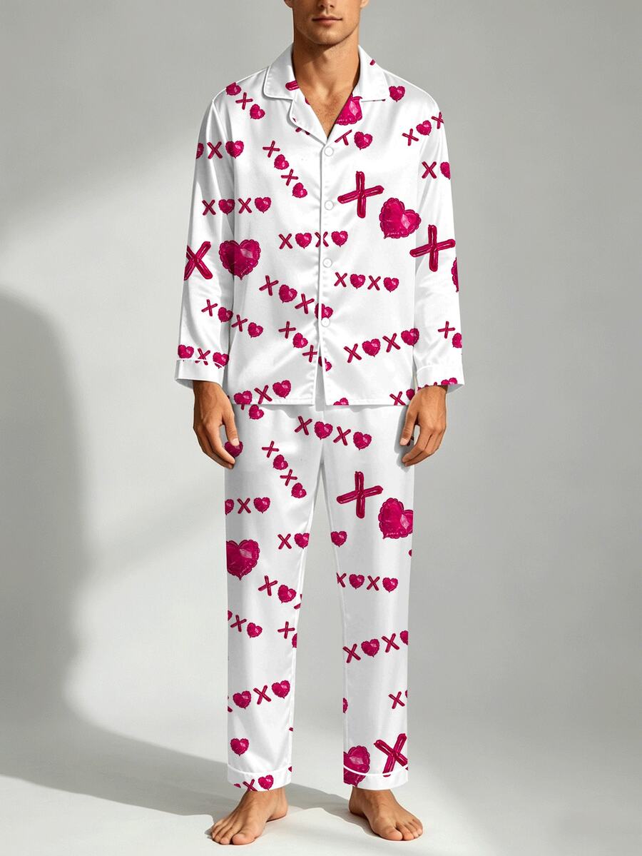 2pcs Men's Pajama Set, Satin Silk Heart Print Button Long Sleeve Top And Pants Lounge Wear Set, Autumn/Winter, Perfect Gift - Multicolor - View 1