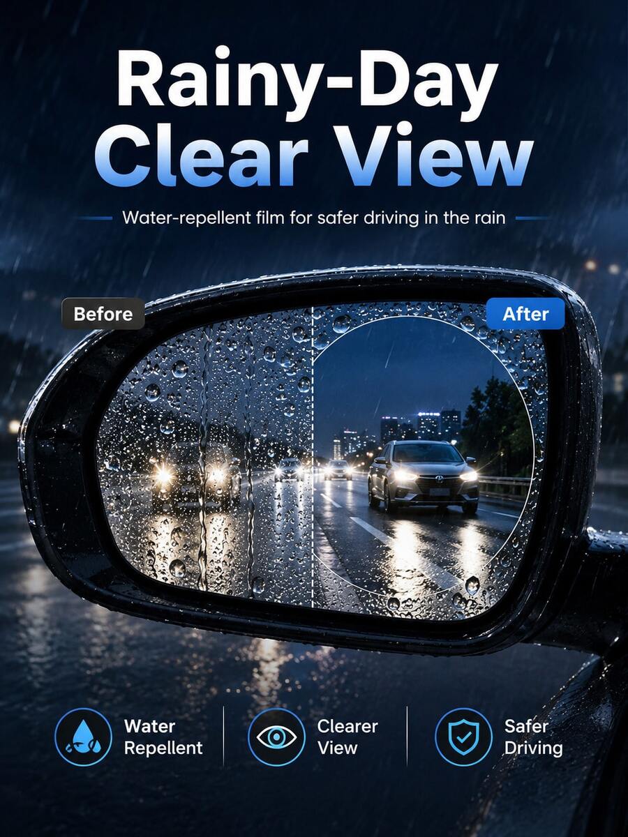 2pcs Multi-Size Car Rearview Mirror/Side Window Rainproof Film, High-Definition Transparent Water-Repellent Protective Film, Anti-Fog Waterproof Auxiliary Vision Sticker, Suitable For Most Car Rearview Mirrors/Windows For Rainy Day Driving - A - View 1