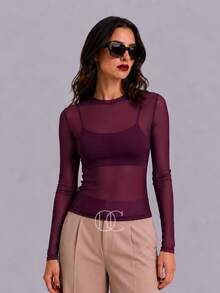 Long-Sleeve Tulle Top Pastel Candy Colors Spring Color Block - 紫色 - 查看 1