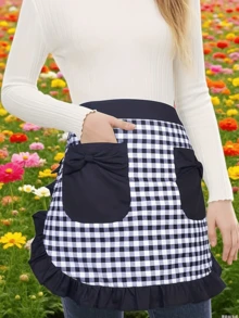 Plaid Ruffle Waist Apron With Bow Pocket, Vintage Checkered Women's Waist Apron, Multifunctional Mesh Maid Style Ruffle Cooking Apron, Suitable For Holiday Party Dress-Up And Christmas - Multicolor - View 1