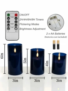 1件/2件/3件 LED蠟燭（附/不附遙控器）、無焰蠟燭、蠟燭加熱器、蠟燭燈、LED柱狀蠟燭、3D動態火焰電池供電蠟燭（不含電池），適用於節日、婚禮、禮品、壁爐、家居裝飾（深藍色，3英吋 x 4英吋 5英吋 6英吋） - 深藍色 - 查看 6
