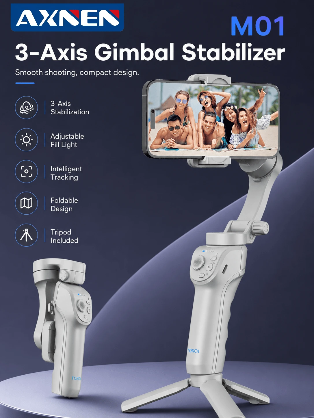AXNEN 3-Axis Handheld Gimbal Stabilizer Selfie Stick Tripod With AI Face Tracking, Built-In Fill Light And Anti-Shake Shooting, Foldable Portable Phone Stand For Smartphone Vlog, Live Streaming And Video Recording