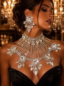 Conjunto de pendientes y collar con strass de moda, conjunto de joyería para novia, boda y banquete - Plateado - Ver 8