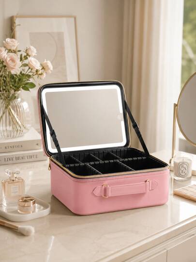 Portable Travel Makeup Case With LED Light Mirror, Adjustable Cosmetic Organiser Bag With Brush Holder, USB Charging Cable & Removable Dividers, Pink Makeup Storage Case For Home, Travel & Gifts