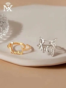 女性專屬不鏽鋼狗狗姓名戒指，客製化寵物剪影開口戒指，金色極簡動物愛好者珠寶禮物，可調節誇張戒指 - 彩色 - 查看 2