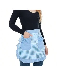 Plaid Ruffle Waist Apron With Bow Pocket, Vintage Checkered Women's Waist Apron, Multifunctional Mesh Maid Style Ruffle Cooking Apron, Suitable For Holiday Party Dress-Up And Christmas - Multicolor - View 7