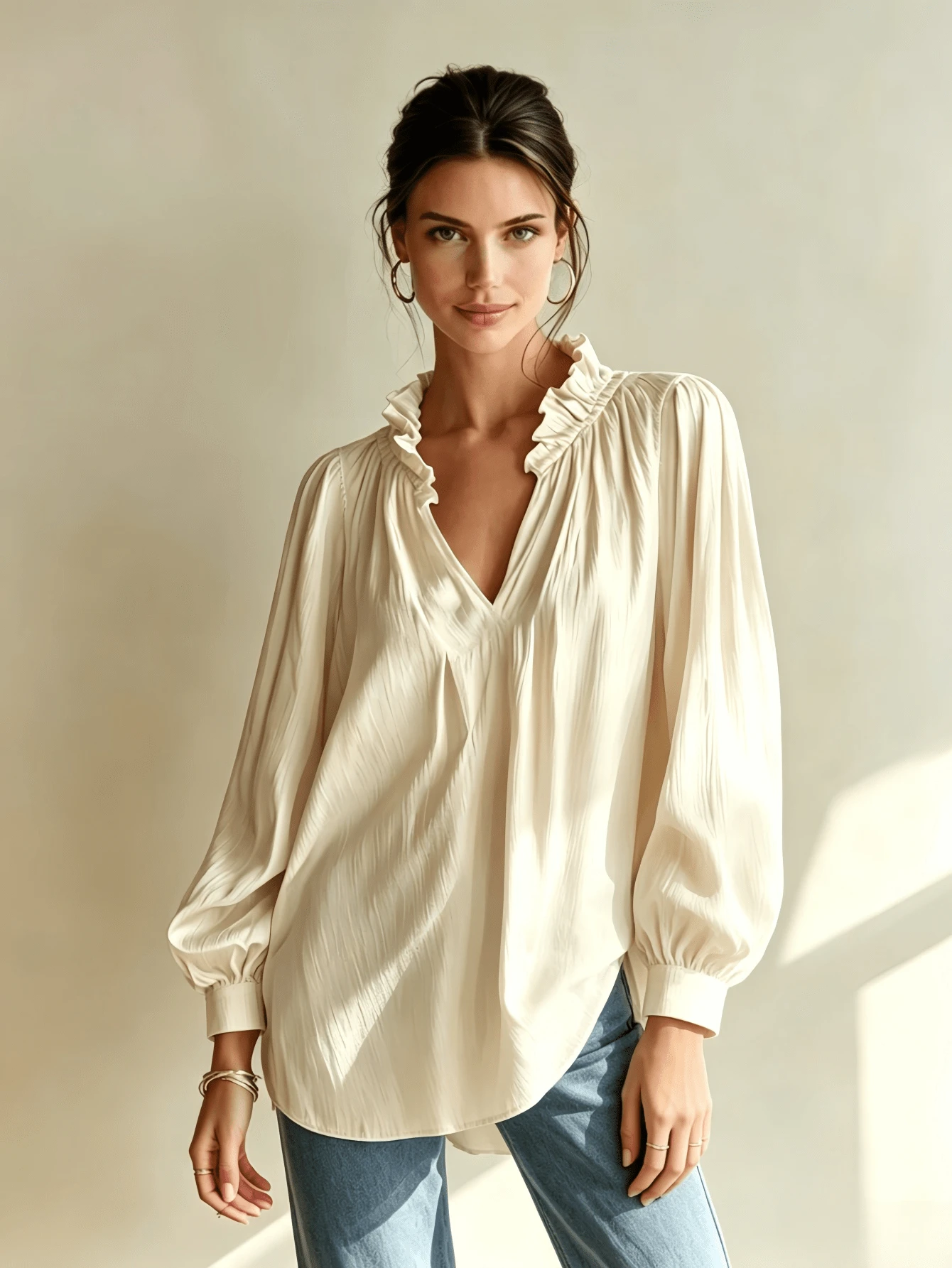 European & American Spring/Autumn Women's New V-Neck Ruffle Puff Long Sleeve Loose Casual Blouse Top - Apricot - View 1