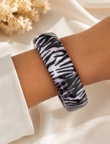 3pcs Chunky Bangle Bracelet Set For Women, Zebra Print, Matte Black & Metallic Silver Bracelet Stack, Statement Summer Jewelry Accessories - one-size - View 9