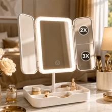 LED 3-Fold Makeup Mirror, 2X/3X Real Magnification, 3 Lighting Modes, Foldable Storage, Rotating Vanity Mirror With Storage Base, Touch Control, USB Rechargeable, Suitable For Makeup/Office/Bedroom - Multicolor - View 11