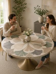 1pc Morandi Ginkgo Leaf Radial Print Fitted Round Tablecloth, Neutral Gray Green Beige Floral Pattern, Elastic Edge Stretch Tablecloth, Suitable For Minimalist Indoor Dining, Coffee Table, Living Room Decor, Cozy Home Style And Daily Casual Dining - Multicolor - View 13