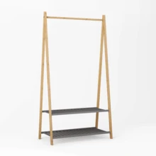 Perchero con 2 estantes, perchero con barra para colgar ropa resistente, armario con zapatero, para pasillo, dormitorio, armario abierto. Perchero de bambú, tendedero con barra para colgar ropa - Color natural - Ver 7