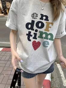 日系女款寬鬆街頭風圓領字母印花短袖T恤，夏季休閒 - 淺花灰 - 查看 4