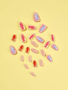 24pcs Marine Elements Press On Nails Simple False Nails Short Fake Nails Almond Shape Nails Press On Manicure Set Includes 1sheet Adhesive Tabs & 1pc Nail File Suitable For Everyday Wear - 彩色 - 查看 3