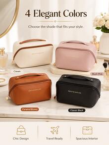 Waterproof PU Leather Cosmetic Bag, Makeup Organizer Pouch, Portable Toiletry Bag, Waterproof PU Skincare Storage Bag, Large Capacity Double-Layer Makeup Bag With Compartments, Spacious Toiletry Bag With Dividers - Multicolor - View 7