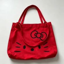 SANRIO حقيبة قماشية بطبعة قطة كرتونية لطيفة، حقيبة كتف نسائية بسعة كبيرة وكاجوال، حقيبة توت عصرية متعددة الاستخدامات - مشاهدة 6