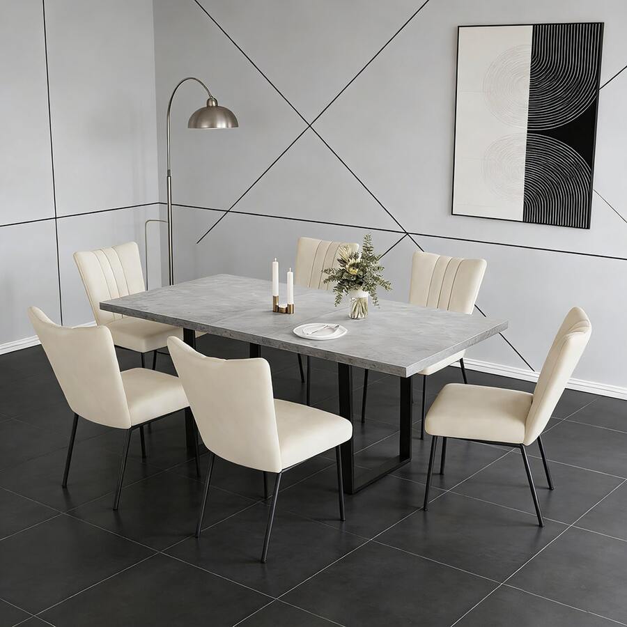jiexi Extendable Dining Table And 4-6 Chair Set, 130-170cm Grey MDF Dining Table With Beige Velvet Dining Chairs With Metal Legs For Kitchen, Living Room - Beige - View 1