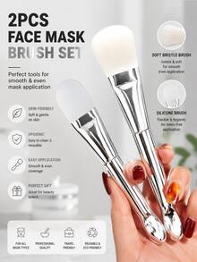 2pcs Face Mask Brush Set - Soft And Application Tools, With Cream Scoop Design, Gentle Exfoliating Bristles, Suitable For Clay Masks, Creams, Serums - Hygienic Face Mask Brush Set, Suitable For Sensitive Skin, 1pc Soft Bristle Face Mask Brush And 1pc Silicone Face Mask Brush Easy To Clean And Durable - Silver - View 1
