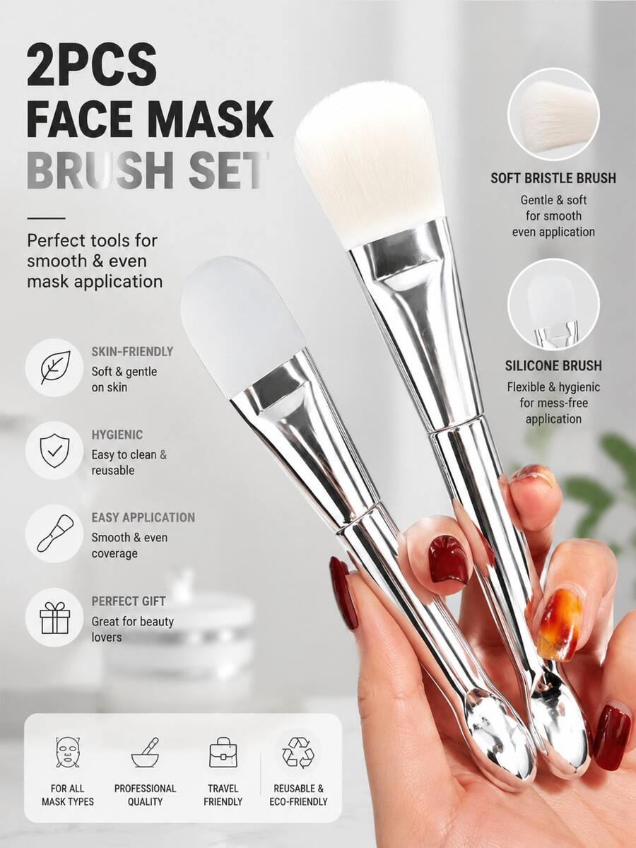 2pcs Face Mask Brush Set - Soft And Application Tools, With Cream Scoop Design, Gentle Exfoliating Bristles, Suitable For Clay Masks, Creams, Serums - Hygienic Face Mask Brush Set, Suitable For Sensitive Skin, 1pc Soft Bristle Face Mask Brush And 1pc Silicone Face Mask Brush Easy To Clean And Durable - Silver - View 1