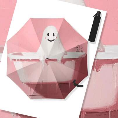 Halloween Rosa Geist Kompakter Faltbarer Regenschirm, Niedliches Geisterdesign Winddichter Reise-Regenschirm für Frauen & Männer, Leichter tragbarer Regenschirm, Kawaii Pastellrosa Ästhetik Modeaccessoire, Halloween Geschenk