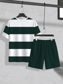 Men's Plus Size Minimalist Striped Casual Set, Letter Print Short Sleeve T-Shirt + Shorts, Sporty 2-Piece Outfit - Multicolor - View 3