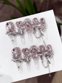 10 buah Kuku Palsu Tempel Buatan Tangan Motif Gradien Pink, Bentuk Mata Kucing, Hiasan Berlian Imitasi Tebal, Pita, Hati, dan Mutiara, Kuku Panjang, Lancip, Dapat Dilepas dan Dipakai untuk Sehari-hari, Pesta, Liburan, Cocok untuk Wanita dan Anak Perempuan sebagai Hadiah, Dilengkapi Kotak Penyimpanan - Baby Pink - View 3
