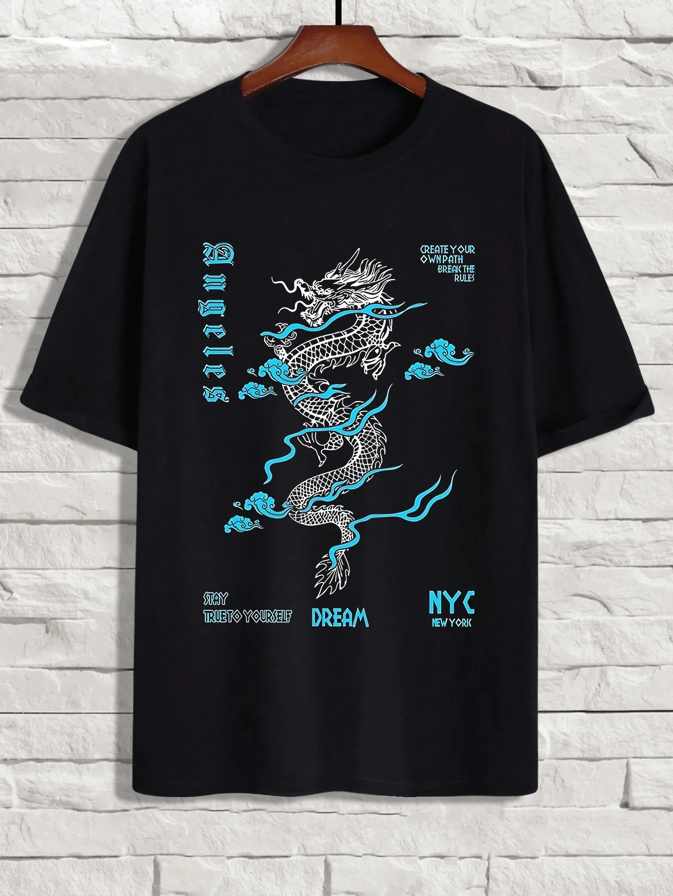 Comfy Casual Dragon Print Short Sleeve T-Shirts - Elastic Crew Neck Tops For Men's Outdoor Activities - 黑色 - 查看 1