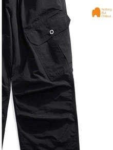 NBCT Women's American Vintage Multi-Pocket Button Cargo Pants, Summer Elastic Drawstring Straight Leg Versatile Casual Long Pants - Black - View 5