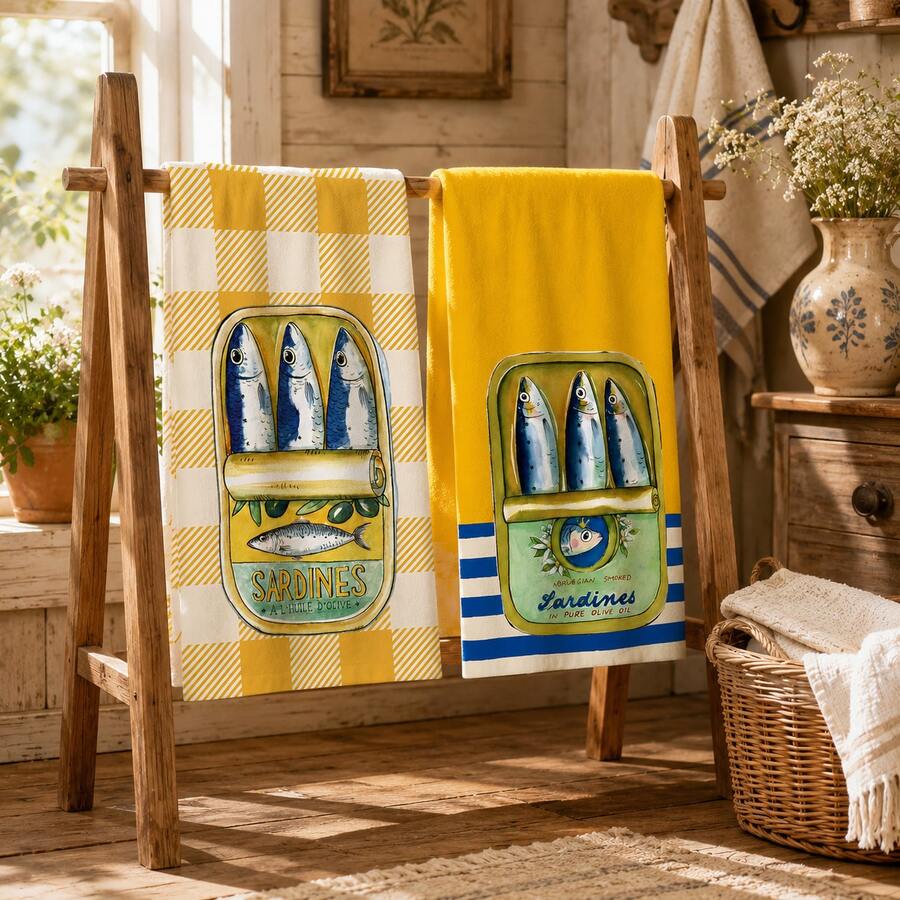 2/4/6pcs Set, Dish Towel, Sardine Pattern Printed Towel, Microfiber Absorbent Cloth, Cooking And Baking Tea Towel, Dish Cloth, Cleaning Towel, Hand Towel, Tea Towel, Super Soft And Highly Absorbent, Kitchen Decor, Kitchen Accessories, Daily Essentials, Household Necessities. - Multicolor - View 1