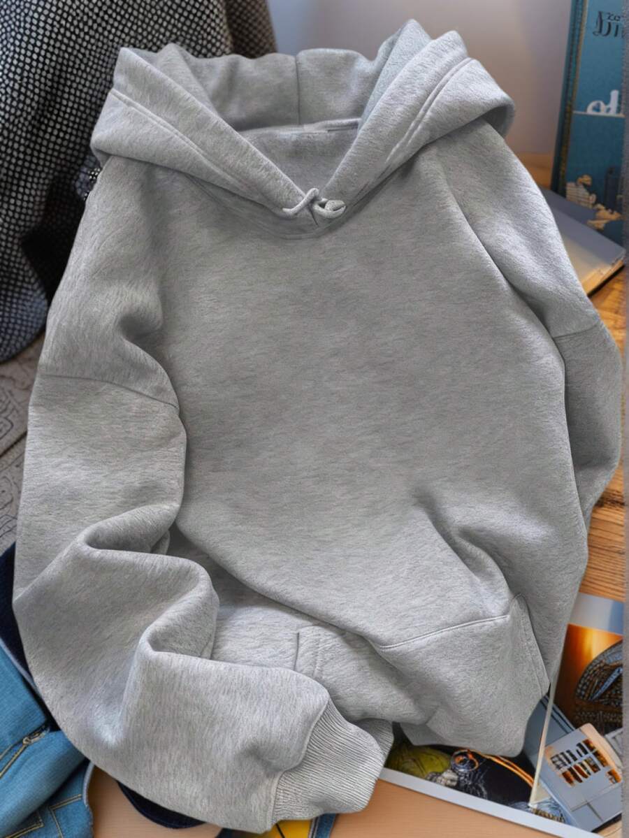 Women's New Autumn/Winter Solid Color Sweatshirt Sweatshirt, Drawstring Design, With Pockets, Casual Versatile Loose Fit Top, Fashionable Daily Wear - Grey - View 1